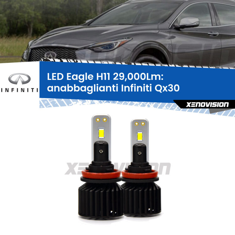 Anabbaglianti LED H11 29,000Lm per Infiniti QX30 2016 - 2019 <strong>Kit anabbaglianti LED specifico per Infiniti QX30</strong> 2016 - 2019. Lampade <strong>H11</strong> Canbus da 29.000Lumen di luminosità modello Eagle Xenovision.