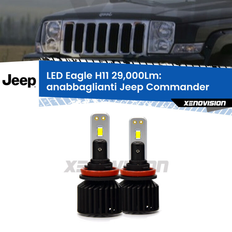 Anabbaglianti LED H11 29,000Lm per Jeep Commander  2005 - 2010 <strong>Kit anabbaglianti LED specifico per Jeep Commander</strong>  2005 - 2010. Lampade <strong>H11</strong> Canbus da 29.000Lumen di luminosità modello Eagle Xenovision.