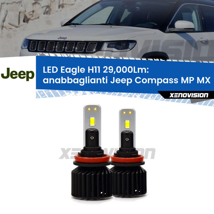 <strong>Kit anabbaglianti LED specifico per Jeep Compass</strong> MP MX 2017 in poi. Lampade <strong>H11</strong> Canbus da 29.000Lumen di luminosità modello Eagle Xenovision.
