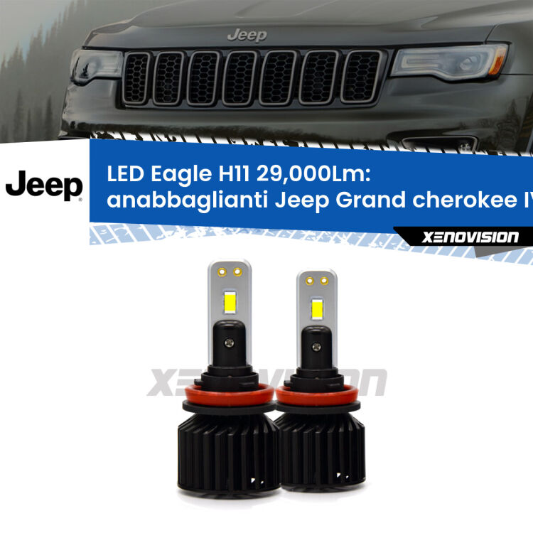 Anabbaglianti LED H11 29,000Lm per Jeep Grand cherokee IV WK2 2011 - 2020 <strong>Kit anabbaglianti LED specifico per Jeep Grand cherokee IV</strong> WK2 2011 - 2020. Lampade <strong>H11</strong> Canbus da 29.000Lumen di luminosità modello Eagle Xenovision.