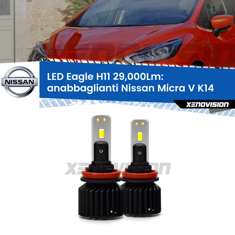 <strong>Kit anabbaglianti LED specifico per Nissan Micra V</strong> K14 2016 in poi. Lampade <strong>H11</strong> Canbus da 29.000Lumen di luminosità modello Eagle Xenovision.