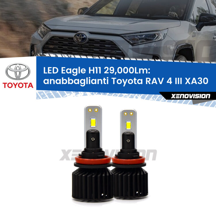 <strong>Kit anabbaglianti LED specifico per Toyota RAV 4 III</strong> XA30 fari a parabola. Lampade <strong>H11</strong> Canbus da 29.000Lumen di luminosità modello Eagle Xenovision.