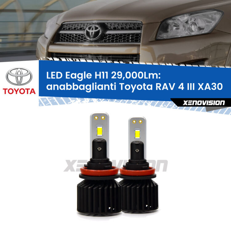 Anabbaglianti LED H11 29,000Lm per Toyota RAV 4 III XA30 fari lenticolari <strong>Kit anabbaglianti LED specifico per Toyota RAV 4 III</strong> XA30 fari lenticolari. Lampade <strong>H11</strong> Canbus da 29.000Lumen di luminosità modello Eagle Xenovision.