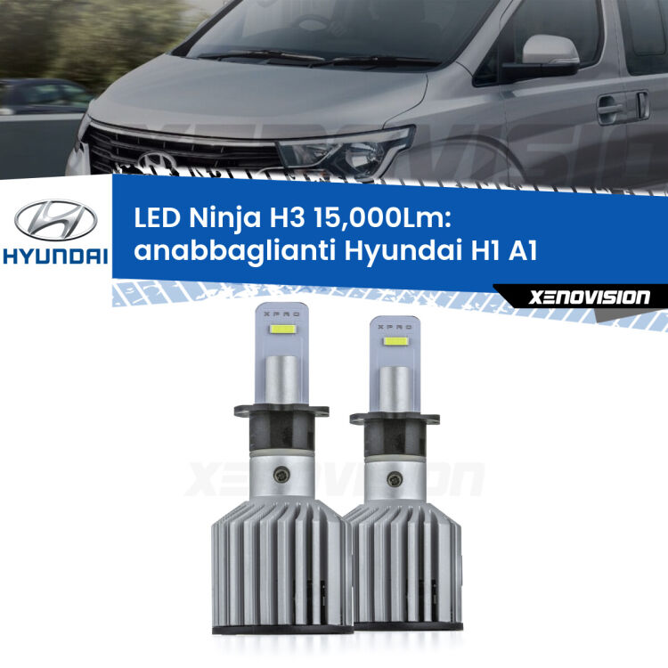 <strong>Kit anabbaglianti LED specifico per Hyundai H1</strong> A1 2000 - 2008. Lampade <strong>H3</strong> Canbus da 15.000Lumen di luminosità modello Ninja Xenovision.