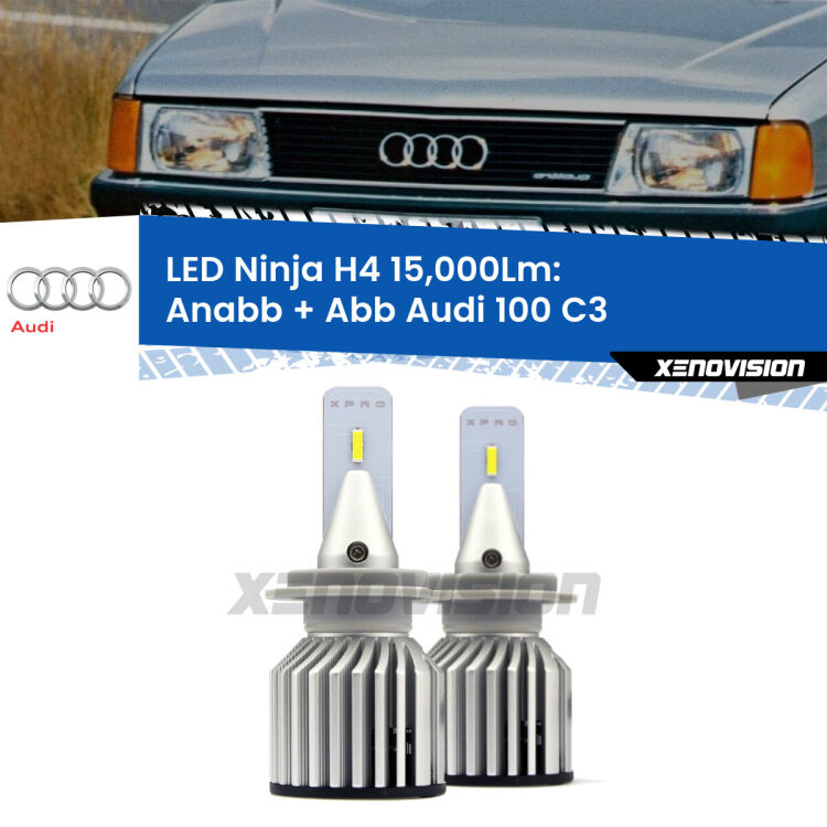 <strong>Kit anabbaglianti + abbaglianti LED per Audi 100</strong> C3 1982 - 1990. Lampade <strong>H4</strong> Canbus da 15.000Lumen di luminosità modello Ninja Xenovision.