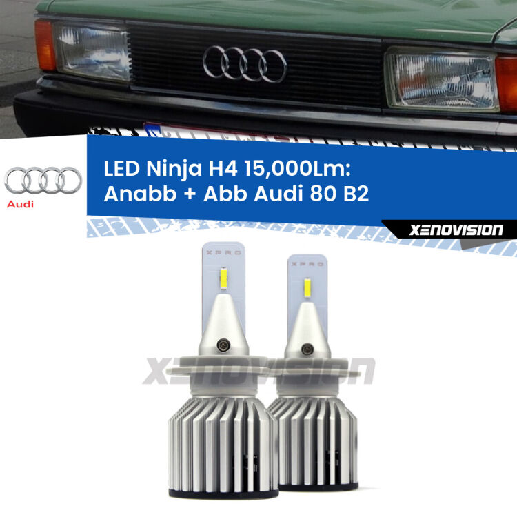 <strong>Kit anabbaglianti + abbaglianti LED per Audi 80</strong> B2 1978 - 1986. Lampade <strong>H4</strong> Canbus da 15.000Lumen di luminosità modello Ninja Xenovision.