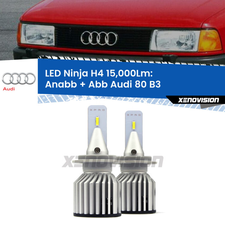 <strong>Kit anabbaglianti + abbaglianti LED per Audi 80</strong> B3 1986 - 1991. Lampade <strong>H4</strong> Canbus da 15.000Lumen di luminosità modello Ninja Xenovision.