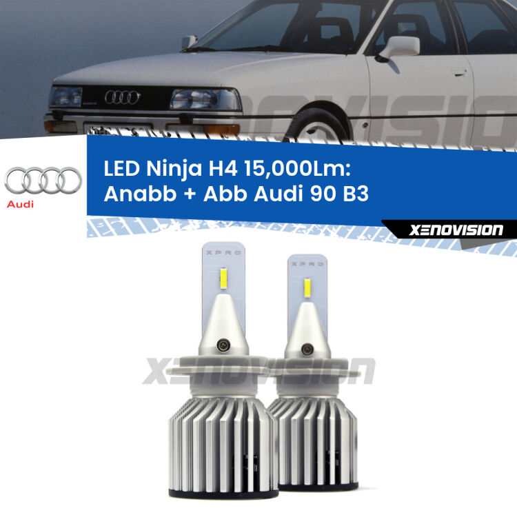 <strong>Kit anabbaglianti + abbaglianti LED per Audi 90</strong> B3 1987 - 1991. Lampade <strong>H4</strong> Canbus da 15.000Lumen di luminosità modello Ninja Xenovision.