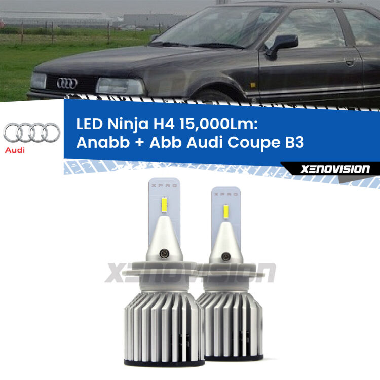 <strong>Kit anabbaglianti + abbaglianti LED per Audi Coupe</strong> B3 1988 - 1996. Lampade <strong>H4</strong> Canbus da 15.000Lumen di luminosità modello Ninja Xenovision.