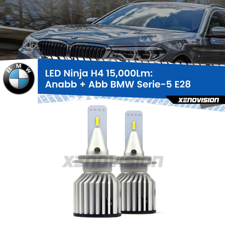 <strong>Kit anabbaglianti + abbaglianti LED per BMW Serie-5</strong> E28 1981 - 1988. Lampade <strong>H4</strong> Canbus da 15.000Lumen di luminosità modello Ninja Xenovision.