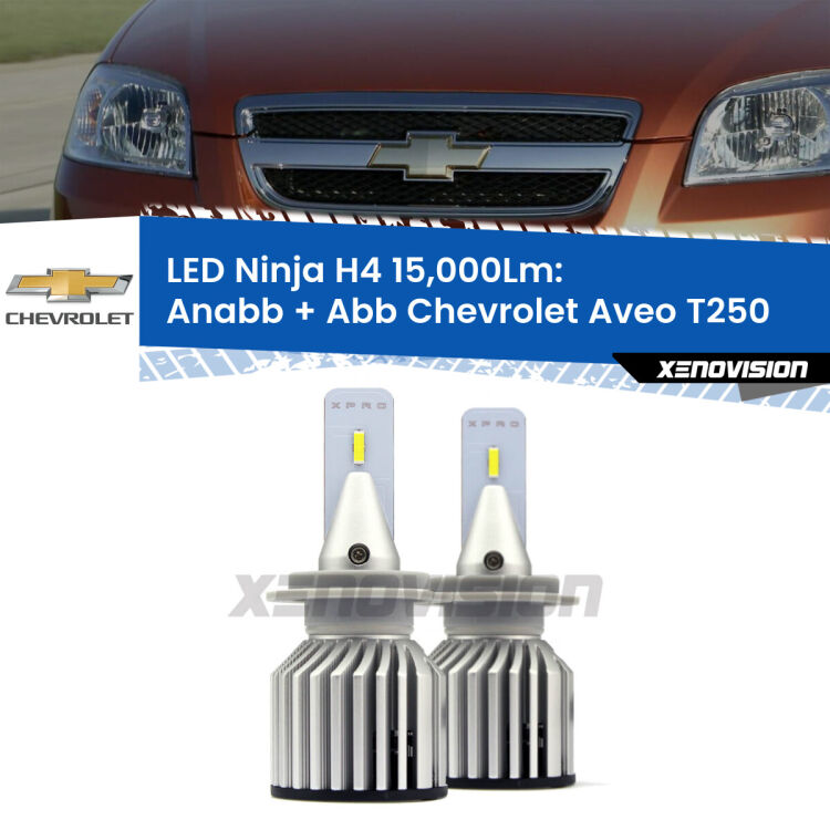 <strong>Kit anabbaglianti + abbaglianti LED per Chevrolet Aveo</strong> T250 2005 - 2011. Lampade <strong>H4</strong> Canbus da 15.000Lumen di luminosità modello Ninja Xenovision.