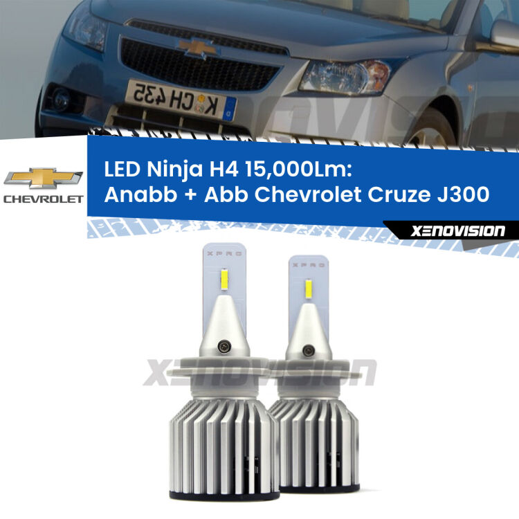 <strong>Kit anabbaglianti + abbaglianti LED per Chevrolet Cruze</strong> J300 2009 - 2019. Lampade <strong>H4</strong> Canbus da 15.000Lumen di luminosità modello Ninja Xenovision.