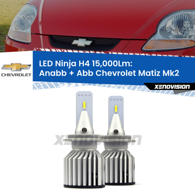 <strong>Kit anabbaglianti + abbaglianti LED per Chevrolet Matiz</strong> Mk2 2005 - 2011. Lampade <strong>H4</strong> Canbus da 15.000Lumen di luminosità modello Ninja Xenovision.