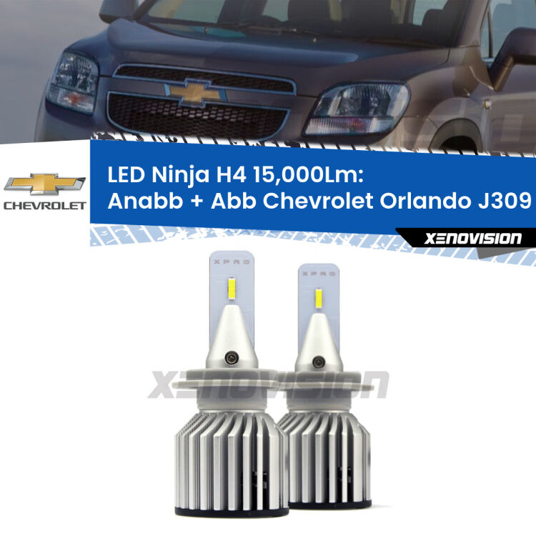 <strong>Kit anabbaglianti + abbaglianti LED per Chevrolet Orlando</strong> J309 2011 - 2019. Lampade <strong>H4</strong> Canbus da 15.000Lumen di luminosità modello Ninja Xenovision.