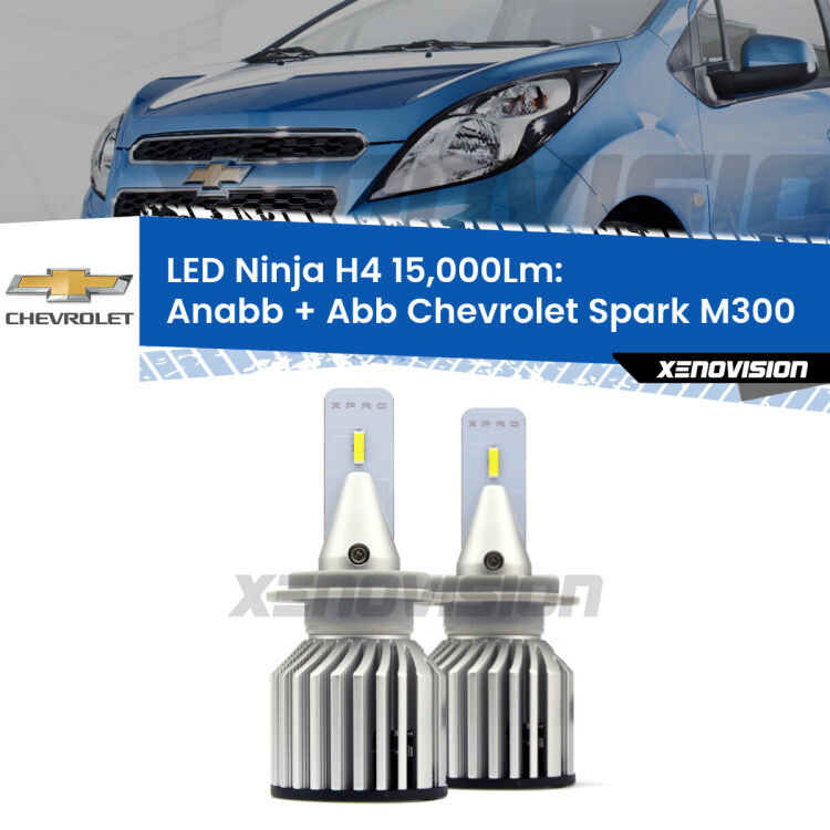 <strong>Kit anabbaglianti + abbaglianti LED per Chevrolet Spark</strong> M300 2009 - 2016. Lampade <strong>H4</strong> Canbus da 15.000Lumen di luminosità modello Ninja Xenovision.