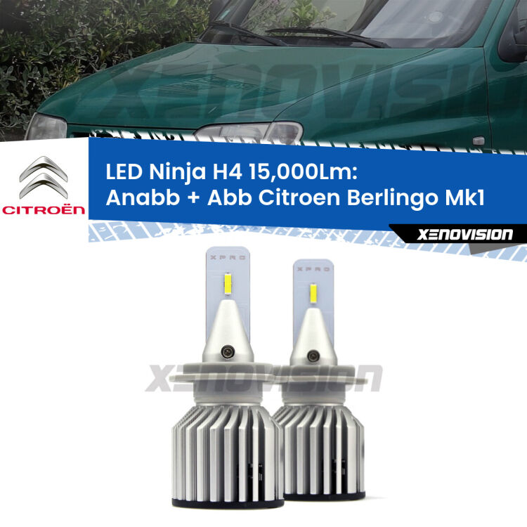 <strong>Kit anabbaglianti + abbaglianti LED per Citroen Berlingo</strong> Mk1 1996 - 2007. Lampade <strong>H4</strong> Canbus da 15.000Lumen di luminosità modello Ninja Xenovision.