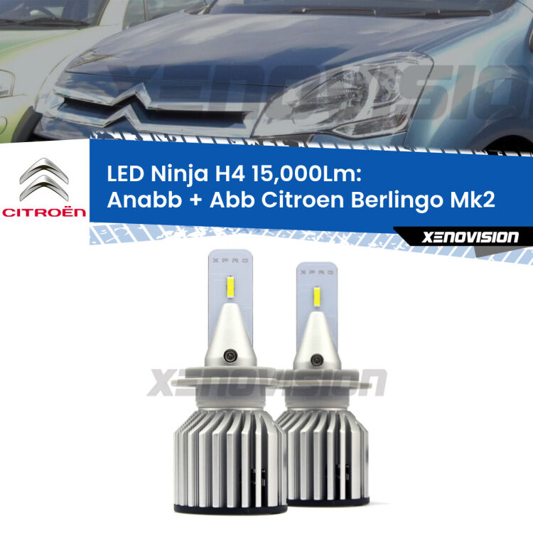 <strong>Kit anabbaglianti + abbaglianti LED per Citroen Berlingo</strong> Mk2 2008 - 2017. Lampade <strong>H4</strong> Canbus da 15.000Lumen di luminosità modello Ninja Xenovision.