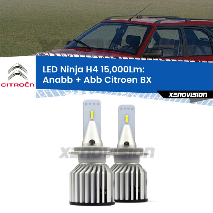 <strong>Kit anabbaglianti + abbaglianti LED per Citroen BX</strong>  1982 - 1993. Lampade <strong>H4</strong> Canbus da 15.000Lumen di luminosità modello Ninja Xenovision.