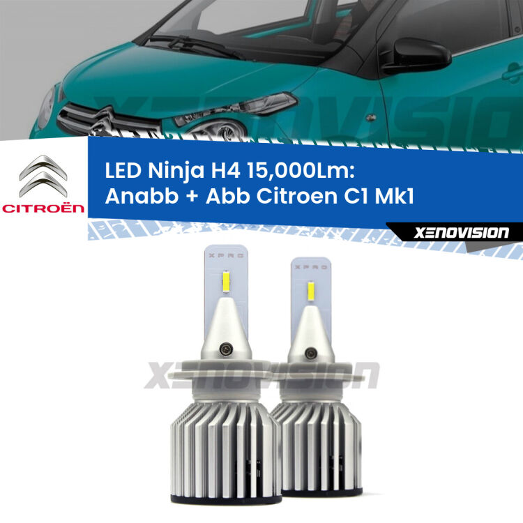 <strong>Kit anabbaglianti + abbaglianti LED per Citroen C1</strong> Mk1 2005 - 2013. Lampade <strong>H4</strong> Canbus da 15.000Lumen di luminosità modello Ninja Xenovision.