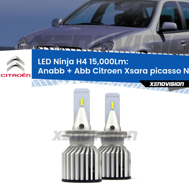 <strong>Kit anabbaglianti + abbaglianti LED per Citroen Xsara picasso</strong> N68 1999 - 2012. Lampade <strong>H4</strong> Canbus da 15.000Lumen di luminosità modello Ninja Xenovision.