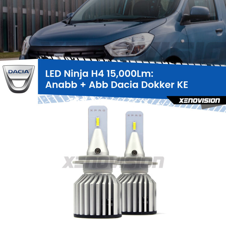 <strong>Kit anabbaglianti + abbaglianti LED per Dacia Dokker</strong> KE 2012 in poi. Lampade <strong>H4</strong> Canbus da 15.000Lumen di luminosità modello Ninja Xenovision.