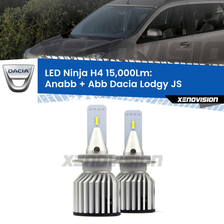 <strong>Kit anabbaglianti + abbaglianti LED per Dacia Lodgy</strong> JS 2012 in poi. Lampade <strong>H4</strong> Canbus da 15.000Lumen di luminosità modello Ninja Xenovision.