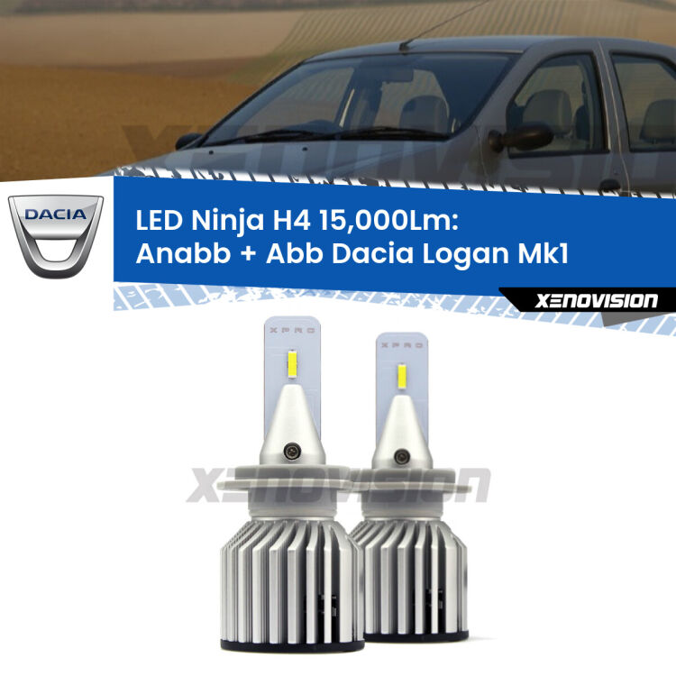 <strong>Kit anabbaglianti + abbaglianti LED per Dacia Logan</strong> Mk1 2004 - 2011. Lampade <strong>H4</strong> Canbus da 15.000Lumen di luminosità modello Ninja Xenovision.