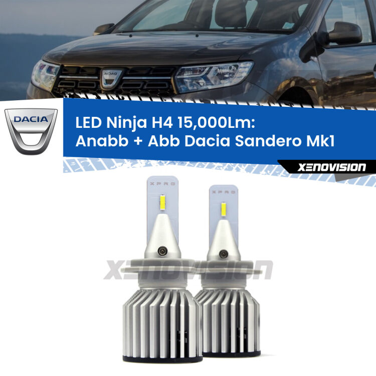 <strong>Kit anabbaglianti + abbaglianti LED per Dacia Sandero</strong> Mk1 2008 - 2012. Lampade <strong>H4</strong> Canbus da 15.000Lumen di luminosità modello Ninja Xenovision.