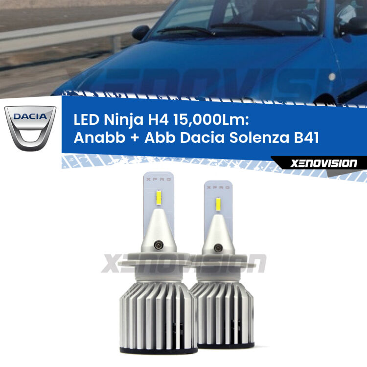 <strong>Kit anabbaglianti + abbaglianti LED per Dacia Solenza</strong> B41 2003 in poi. Lampade <strong>H4</strong> Canbus da 15.000Lumen di luminosità modello Ninja Xenovision.