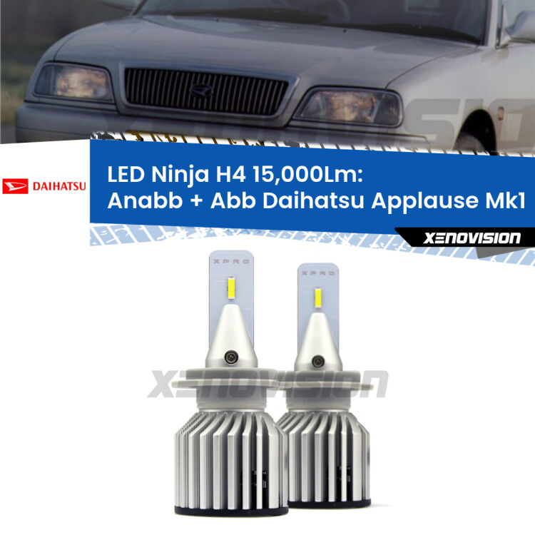 <strong>Kit anabbaglianti + abbaglianti LED per Daihatsu Applause</strong> Mk1 1989 - 1997. Lampade <strong>H4</strong> Canbus da 15.000Lumen di luminosità modello Ninja Xenovision.