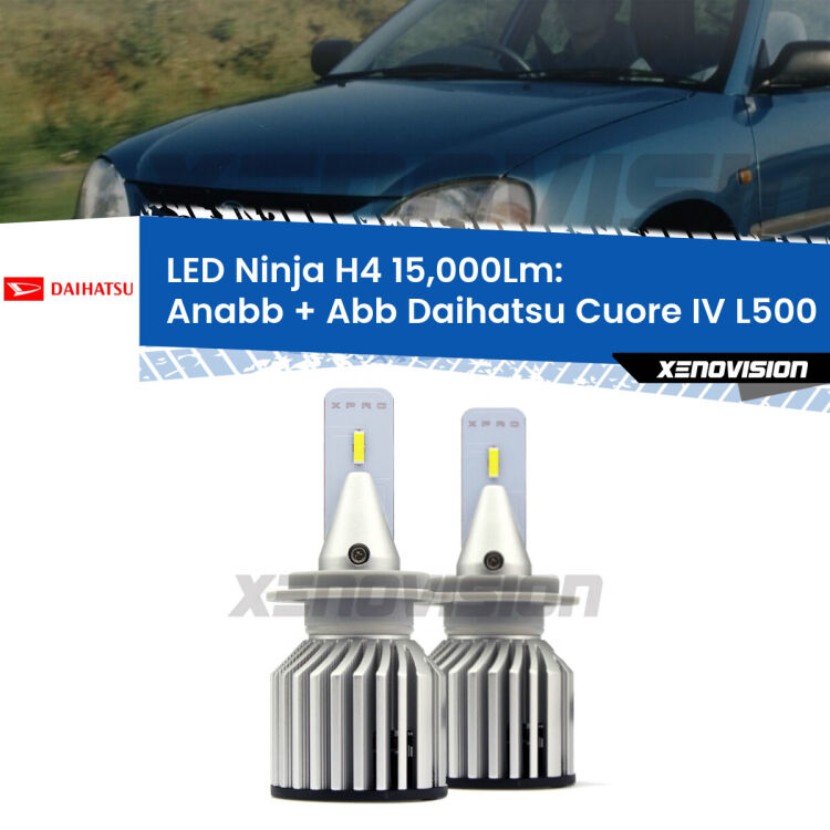 <strong>Kit anabbaglianti + abbaglianti LED per Daihatsu Cuore IV</strong> L500 1995 - 1998. Lampade <strong>H4</strong> Canbus da 15.000Lumen di luminosità modello Ninja Xenovision.