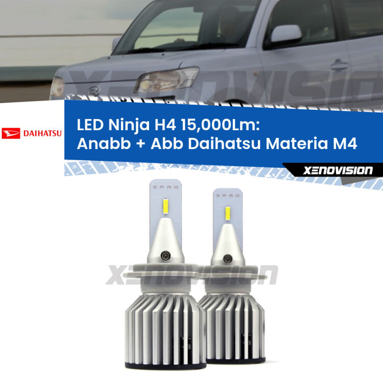 <strong>Kit anabbaglianti + abbaglianti LED per Daihatsu Materia</strong> M4 2006 in poi. Lampade <strong>H4</strong> Canbus da 15.000Lumen di luminosità modello Ninja Xenovision.