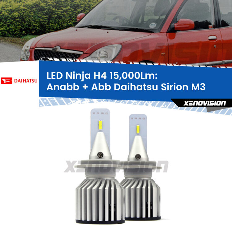 <strong>Kit anabbaglianti + abbaglianti LED per Daihatsu Sirion</strong> M3 2005 - 2008. Lampade <strong>H4</strong> Canbus da 15.000Lumen di luminosità modello Ninja Xenovision.