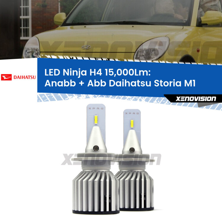 <strong>Kit anabbaglianti + abbaglianti LED per Daihatsu Storia</strong> M1 1998 - 2005. Lampade <strong>H4</strong> Canbus da 15.000Lumen di luminosità modello Ninja Xenovision.