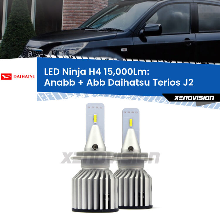 <strong>Kit anabbaglianti + abbaglianti LED per Daihatsu Terios</strong> J2 a parabola singola. Lampade <strong>H4</strong> Canbus da 15.000Lumen di luminosità modello Ninja Xenovision.