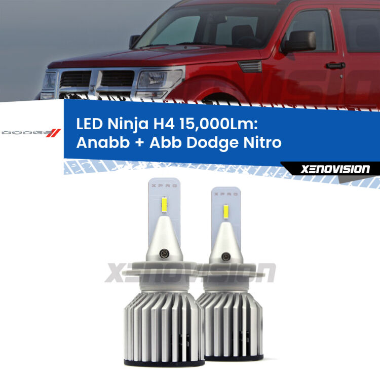 <strong>Kit anabbaglianti + abbaglianti LED per Dodge Nitro</strong>  2006 - 2012. Lampade <strong>H4</strong> Canbus da 15.000Lumen di luminosità modello Ninja Xenovision.