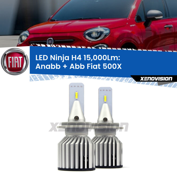 <strong>Kit anabbaglianti + abbaglianti LED per Fiat 500X</strong>  a parabola. Lampade <strong>H4</strong> Canbus da 15.000Lumen di luminosità modello Ninja Xenovision.