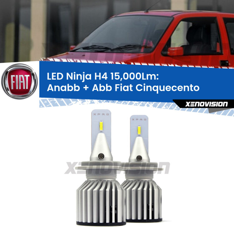<strong>Kit anabbaglianti + abbaglianti LED per Fiat Cinquecento</strong>  1991 - 1999. Lampade <strong>H4</strong> Canbus da 15.000Lumen di luminosità modello Ninja Xenovision.