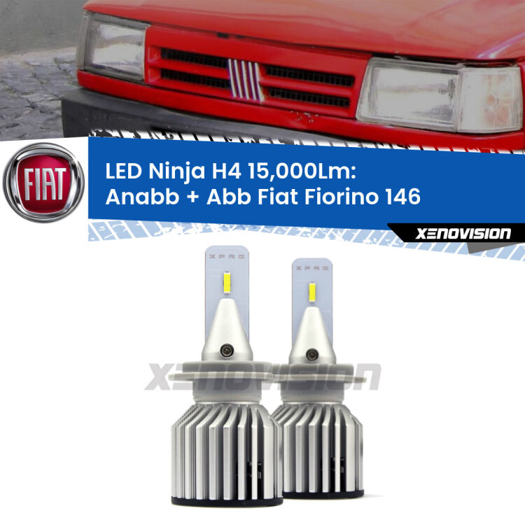 <strong>Kit anabbaglianti + abbaglianti LED per Fiat Fiorino</strong> 146 1988 - 2001. Lampade <strong>H4</strong> Canbus da 15.000Lumen di luminosità modello Ninja Xenovision.