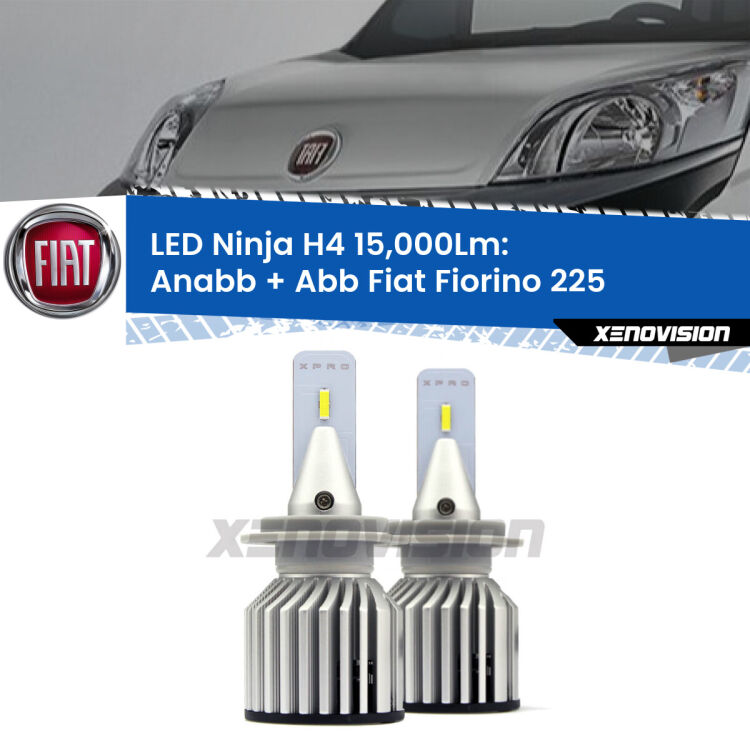 <strong>Kit anabbaglianti + abbaglianti LED per Fiat Fiorino</strong> 225 2008 - 2021. Lampade <strong>H4</strong> Canbus da 15.000Lumen di luminosità modello Ninja Xenovision.