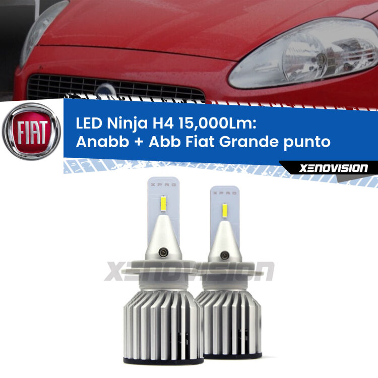 <strong>Kit anabbaglianti + abbaglianti LED per Fiat Grande punto</strong>  2005 - 2018. Lampade <strong>H4</strong> Canbus da 15.000Lumen di luminosità modello Ninja Xenovision.