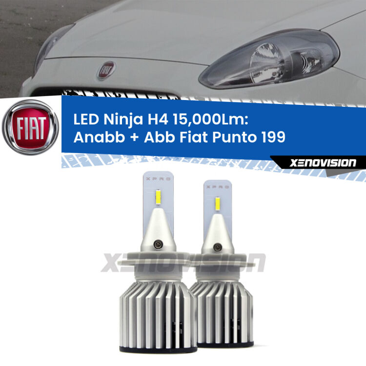 <strong>Kit anabbaglianti + abbaglianti LED per Fiat Punto</strong> 199 2012 - 2018. Lampade <strong>H4</strong> Canbus da 15.000Lumen di luminosità modello Ninja Xenovision.