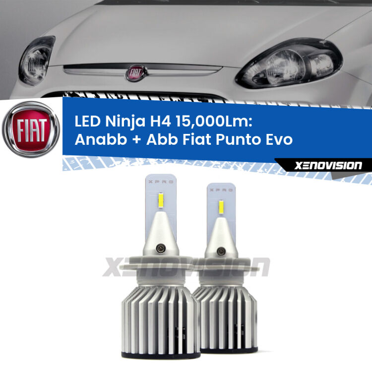 <strong>Kit anabbaglianti + abbaglianti LED per Fiat Punto Evo</strong>  2009 - 2015. Lampade <strong>H4</strong> Canbus da 15.000Lumen di luminosità modello Ninja Xenovision.