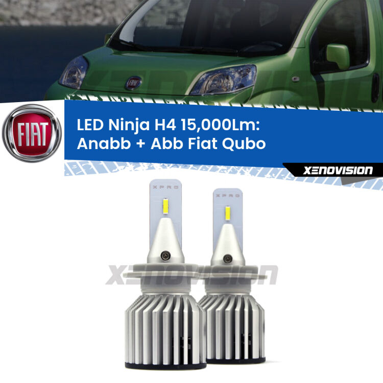 <strong>Kit anabbaglianti + abbaglianti LED per Fiat Qubo</strong>  2008 - 2021. Lampade <strong>H4</strong> Canbus da 15.000Lumen di luminosità modello Ninja Xenovision.