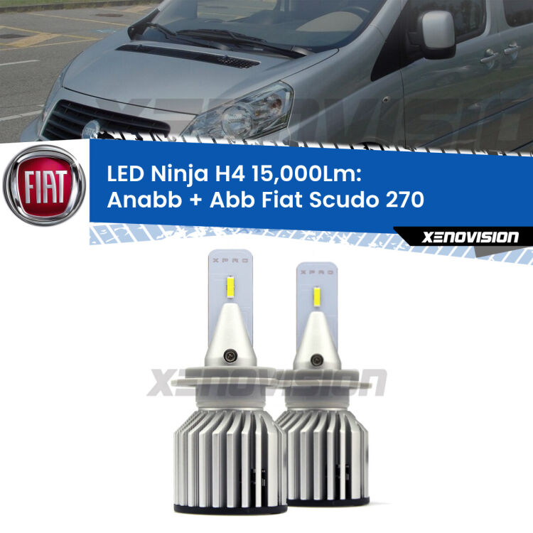 <strong>Kit anabbaglianti + abbaglianti LED per Fiat Scudo</strong> 270 2007 - 2016. Lampade <strong>H4</strong> Canbus da 15.000Lumen di luminosità modello Ninja Xenovision.