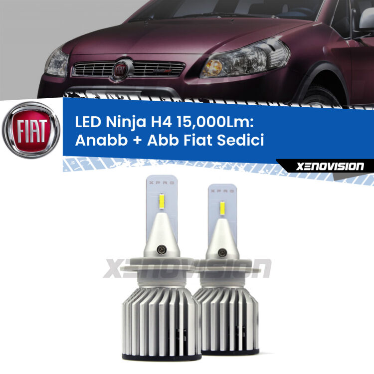 <strong>Kit anabbaglianti + abbaglianti LED per Fiat Sedici</strong>  2006 - 2014. Lampade <strong>H4</strong> Canbus da 15.000Lumen di luminosità modello Ninja Xenovision.