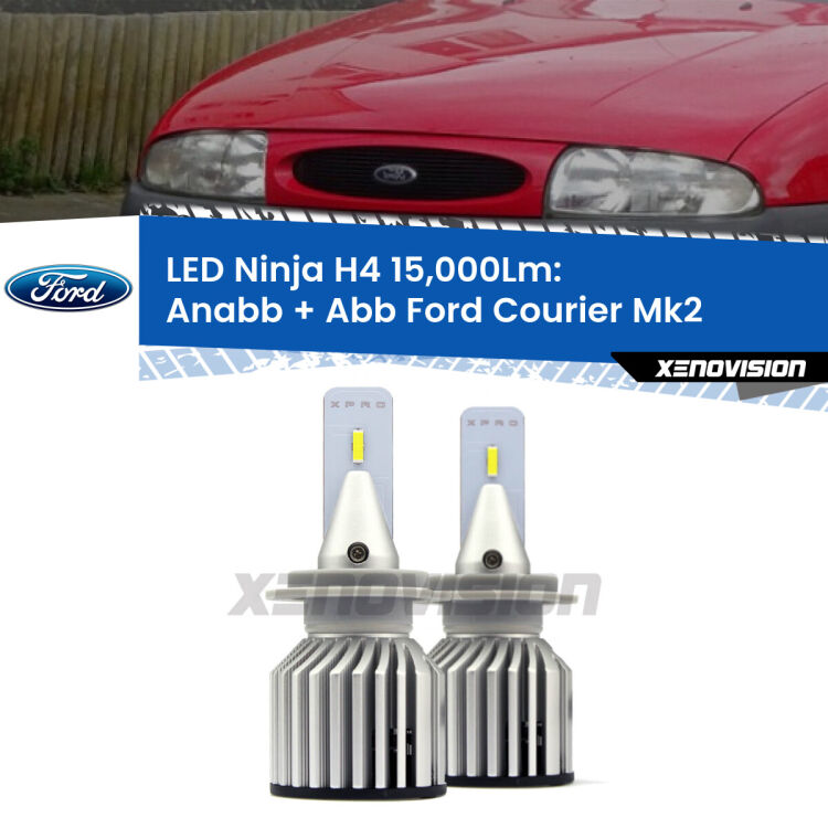 <strong>Kit anabbaglianti + abbaglianti LED per Ford Courier</strong> Mk2 2000 - 2003. Lampade <strong>H4</strong> Canbus da 15.000Lumen di luminosità modello Ninja Xenovision.