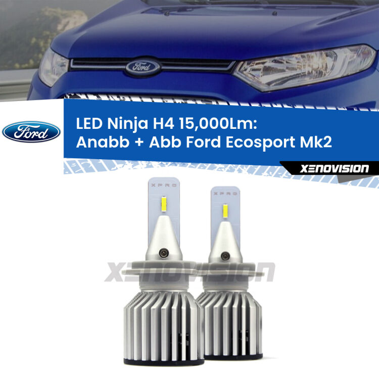 <strong>Kit anabbaglianti + abbaglianti LED per Ford Ecosport</strong> Mk2 1ª serie. Lampade <strong>H4</strong> Canbus da 15.000Lumen di luminosità modello Ninja Xenovision.