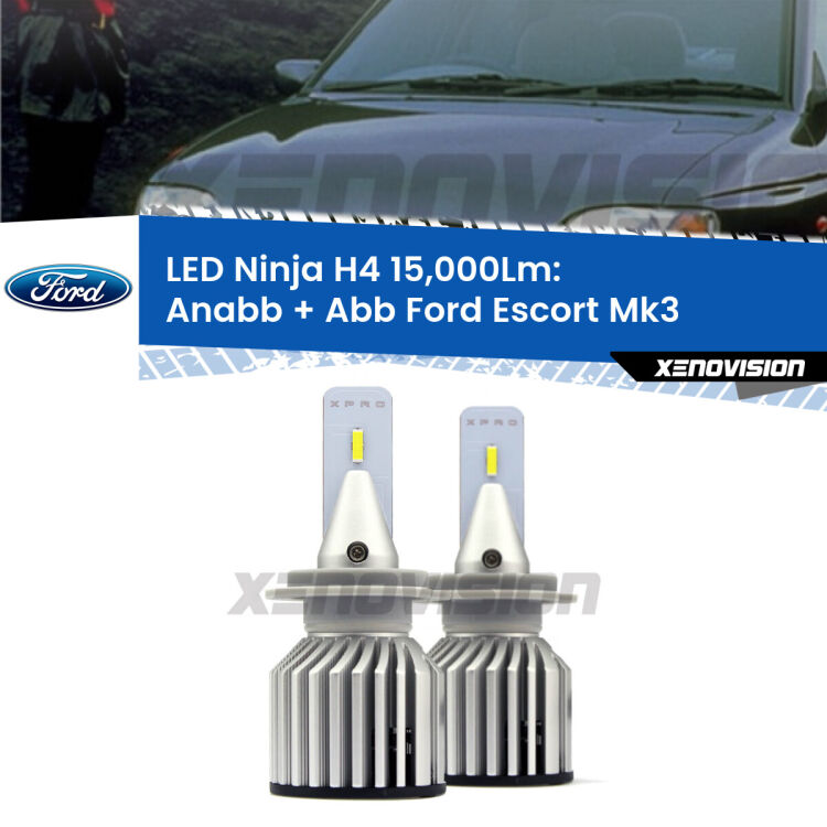 <strong>Kit anabbaglianti + abbaglianti LED per Ford Escort</strong> Mk3 1985 - 1990. Lampade <strong>H4</strong> Canbus da 15.000Lumen di luminosità modello Ninja Xenovision.