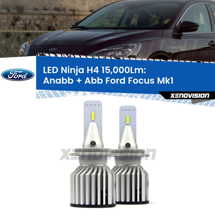 <strong>Kit anabbaglianti + abbaglianti LED per Ford Focus</strong> Mk1 a parabola singola. Lampade <strong>H4</strong> Canbus da 15.000Lumen di luminosità modello Ninja Xenovision.